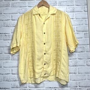 Tommy Bahama CROPPED Cabana Guayabera Butter Yellow 100% Linen Beach Shirt Sz S